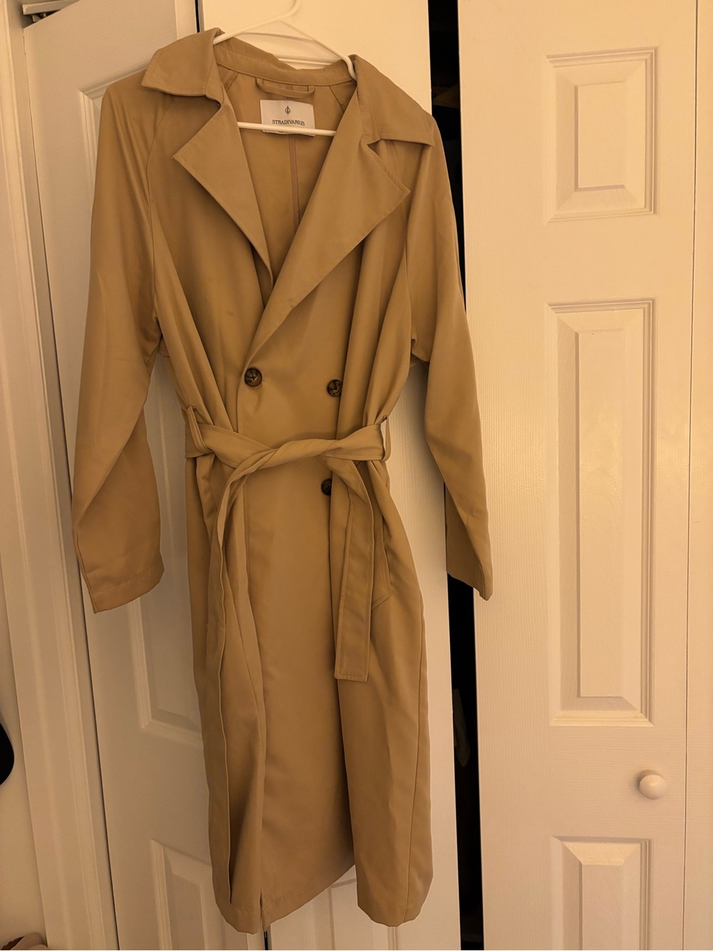stradivarius Tan Double-Breasted Trench Coat with Belt